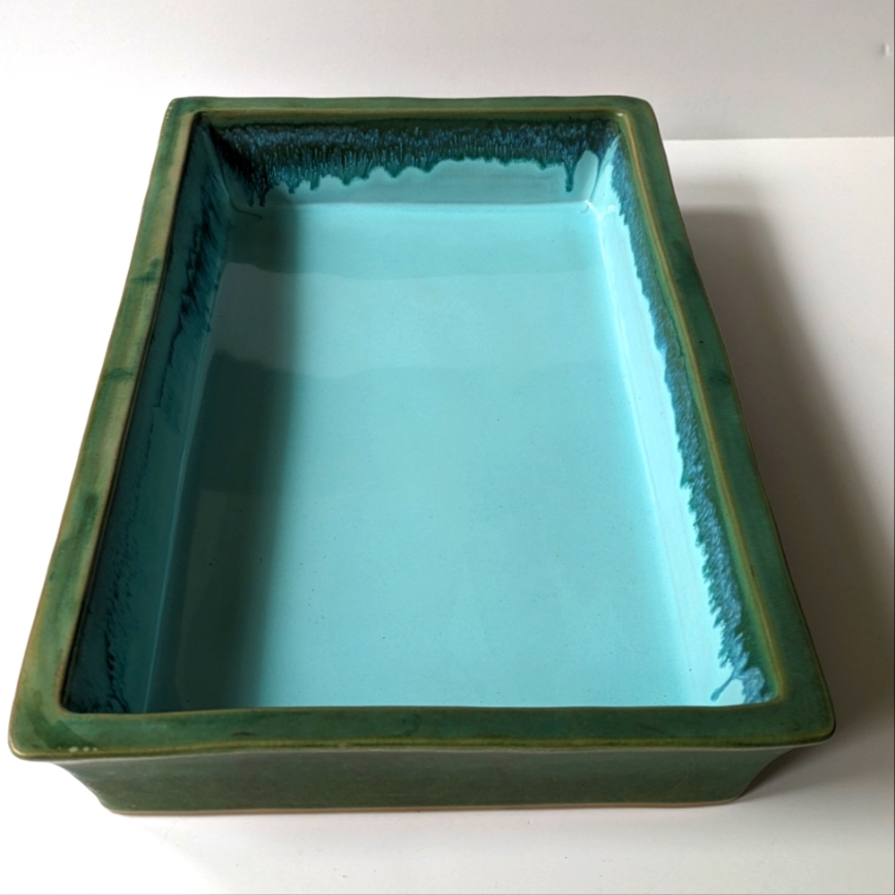 Mid Century O.M.C. Japan Signed Ikebana Suiban Bonsai Tray Bright Blue and Green